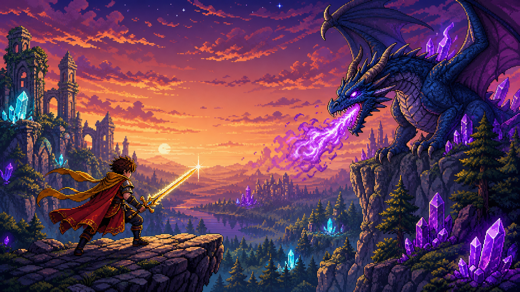 A knight fights a dragon at dusk